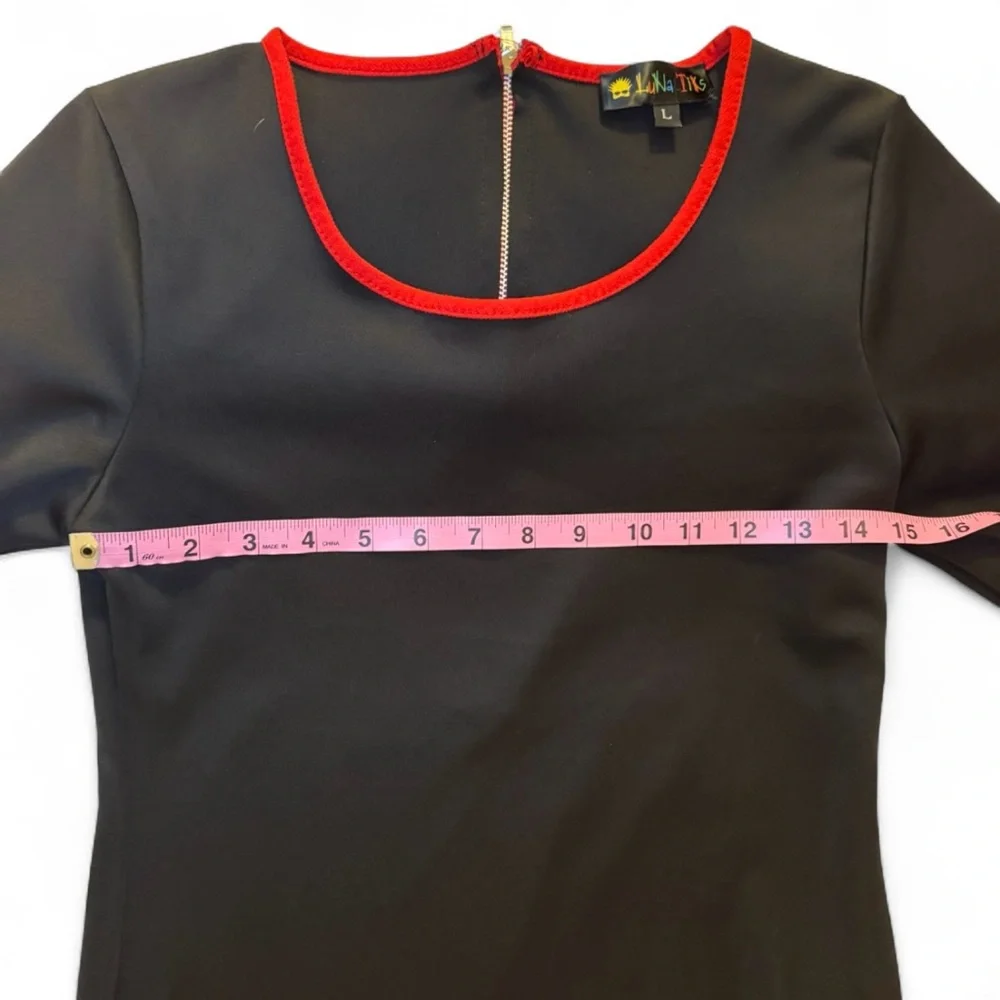 Vintage Luna Tiks Large Black Mini Dress with Red Accents Long Sleeves Classic - Picture 5 of 7